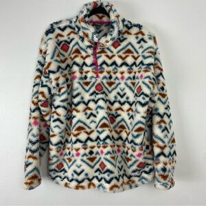 Eddie Bauer Cream Womens L 1/4 Zip Sherpa Sweater Aztec Tribal Plush Sweatshirt